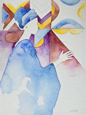 Aquarellbild eines abstrakten Frauengestalt in blau und Orange